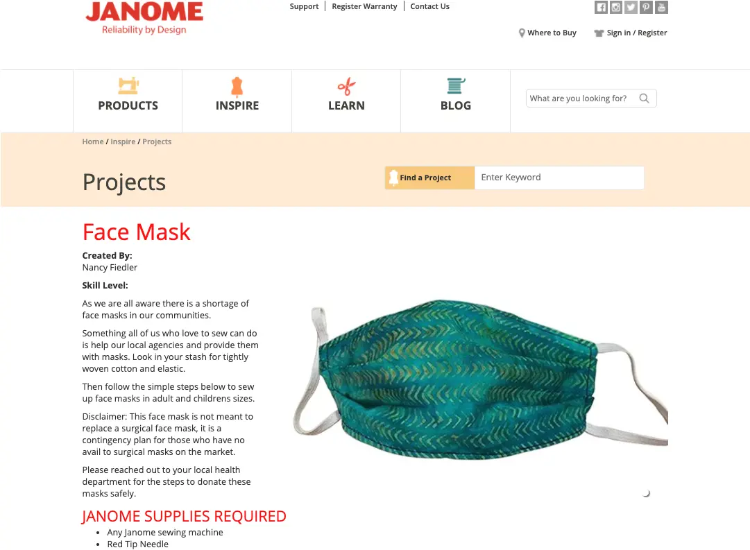 Janome website with a face mask